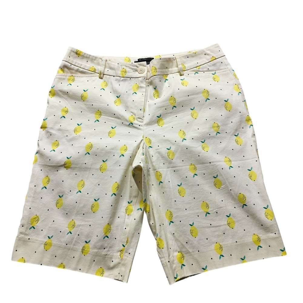 Talbots The Perfect Short Womens 4 Ivory Yellow Lemon Polka Dot Bermuda Chino